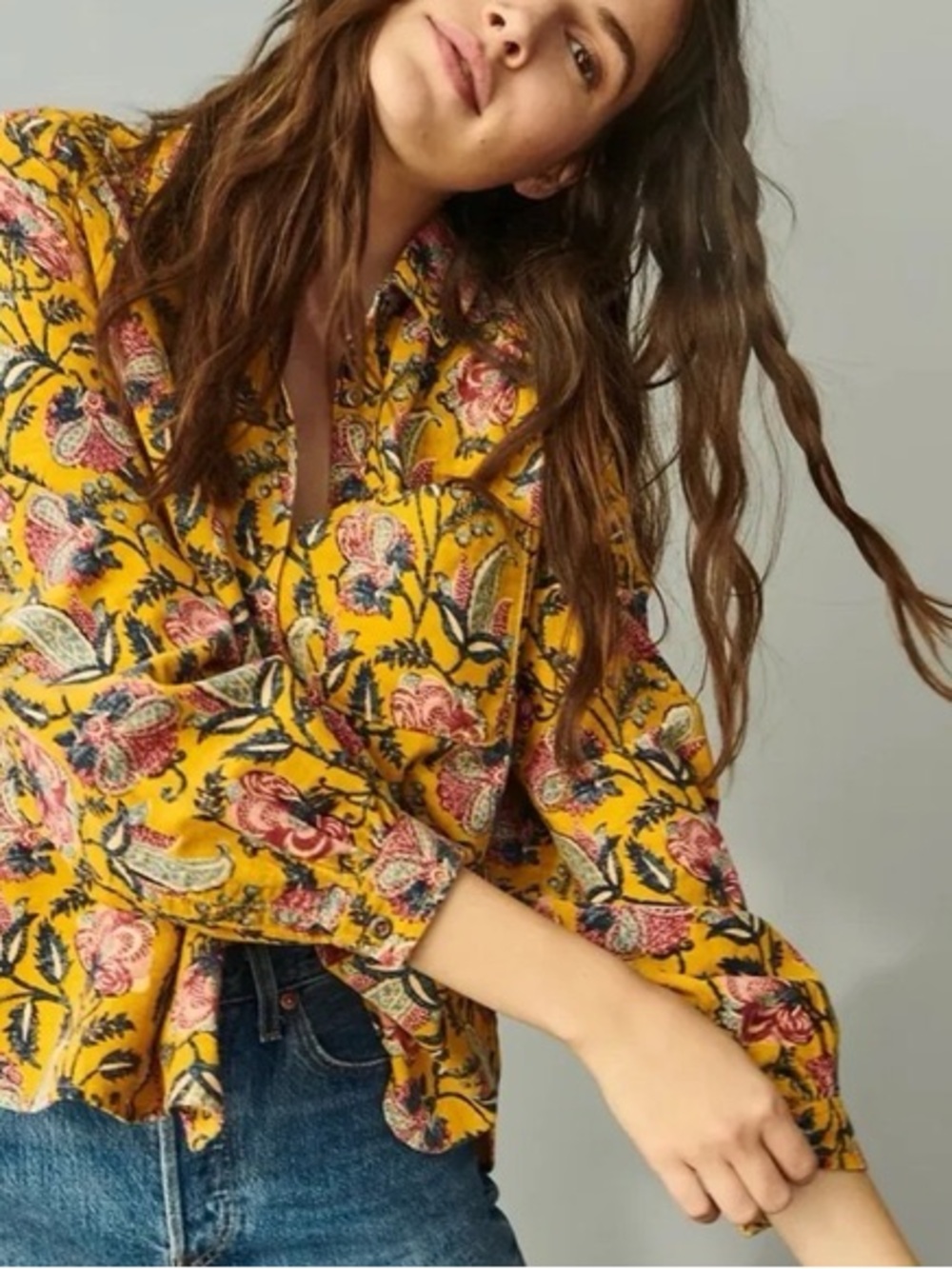 Anthropologie Pilcro Sigourney Corduroy Floral Button Down Shirt Size Small